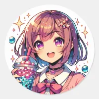 Cute Anime Girl Holding Bubble Tea Classic Round Sticker