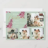 Sage red Christmas Pagoda Trees 5-Photo  Holiday Card