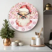 Retro Santa Claus Pink And White Plaid Christmas Large Clock