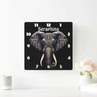 Floral dawn elephant art square wall clock