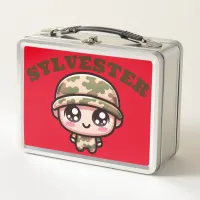 Cute Kawaii Army Camouflage Monogram on Red | Metal Lunch Box