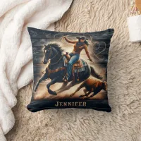 Cowgirl Roping Cattle at a Western Rodeo Event Throw Pillow