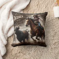 Rodeo Rider Chasing Cattle at Sunset Throw Pillow