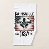 Dark Text Gainsville USA Flag Biceps Bodybuilder Hand Towel