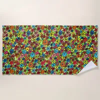 Colorful retro flowers pattern, hand drawn,  beach towel