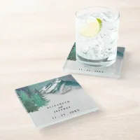 Rustic Watercolor Mountains Pine Winter Wedding   Glass Coaster