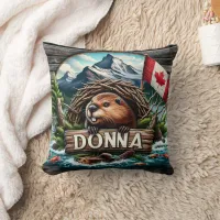 Canadian Beaver Near Lake With Rocky Mountains Throw Pillow