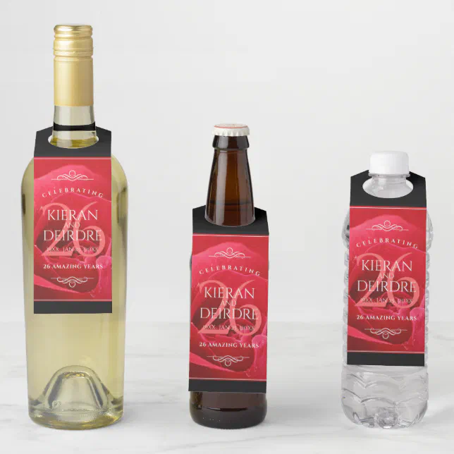 Elegant 26th Rose Wedding Anniversary Celebration Bottle Hanger Tag