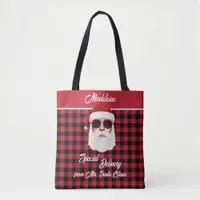 Fun Special Delivery Santa Red Black Buffalo Plaid Tote Bag