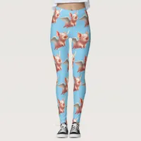 Cute Pigs Flying Blissfully in Sunny Blue Skies Leggings