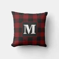 Rustic Red Buffalo Plaid Farmhouse Monogram Throw Pillow