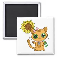 Cute Orange Kawaii Cat with Sunflower Magnet