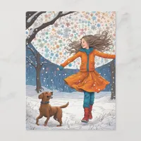 Girl and Her Dog Winter Happiness Postcard