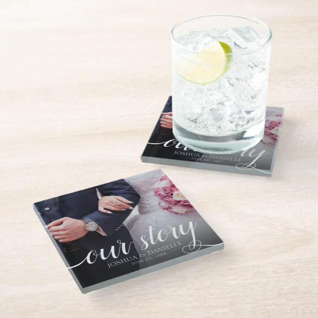 Elegant Our Story Photo Wedding Handwritten Glass Coaster