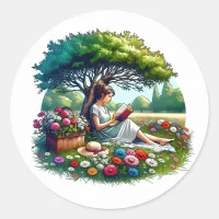 Girl Reading under a Tree Surrounded by Flowers Classic Round Sticker