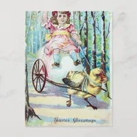 Cute Easter Girl In Cart With Chick Pulling Cart Holiday Postcard