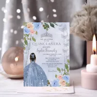 Dusty Blue Silver Floral Princess Quincea&#241;era  Invitation