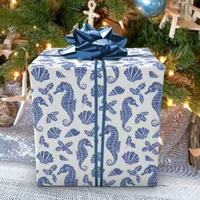 Coastal Christmas Navy Blue Seahorse Glitter  Wrapping Paper