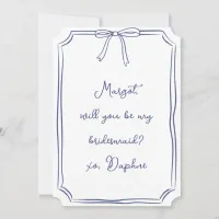 Be my bridesmaid? Navy Blue Coquette Bow Proposal Invitation