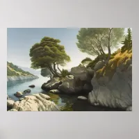 Rocky cove in of a lake in the hills poster