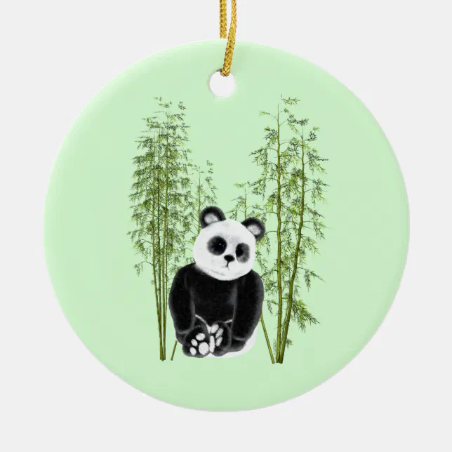 Cute Panda Sitting in Bamboo Ceramic Ornament