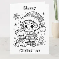 Large Elf and Teddy Bear Christmas Color Me Card