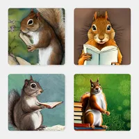 Squirrels Reading Books Watercolor Illustration Coaster Set