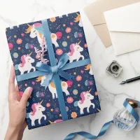 Cute Unicorn Pink Flowers Blue Background Wrapping Paper