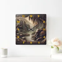 Majestic Elephant by Serene Waterfall at Dusk Square Wall Clock