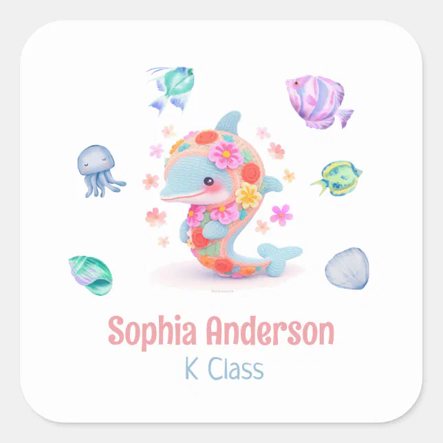 Floral Whale Sea Theme Back To School Name Square Sticker