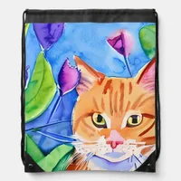 Colorful Watercolor Art | Orange Cat and Flowers Drawstring Bag