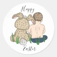 Happy Easter | Little Girl and Easter Bunny   Classic Round Sticker