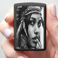 An Indian girl warrior adorned in vibrant feathers Zippo Lighter