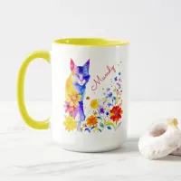 Watercolor Cat and Flowers Personalized Mug