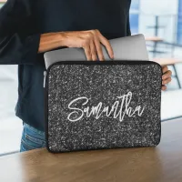 Black Glitter Brush Script Name Laptop Sleeve