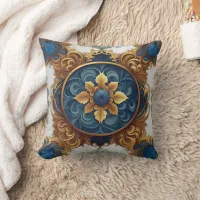 Intricate Floral Design in Blue and Gold Throw Pillow