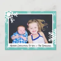 Christmas Teal Snowflakes Family Photo Card