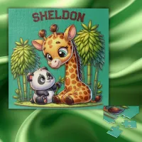 Giraffe and Panda Monogrammed Name | Jigsaw Puzzle