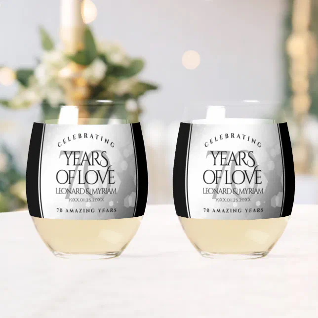 Elegant 70th Platinum Wedding Anniversary Stemless Wine Glass