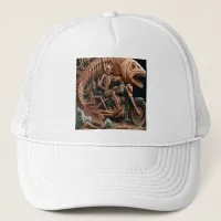 skeleton rode his chopper bike down trail trucker hat