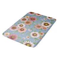 Pink Daisies Pretty Floral Pattern on Blue Bath Mat