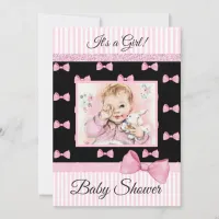 Pink and Black Bow Vintage Baby Shower Invitatoin Invitation