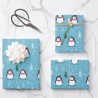 Cute Penguins on Light Blue with Snowflakes  Wrapping Paper Sheets