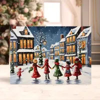 Children Caroling in Snowy Village Christmas  Holiday Card