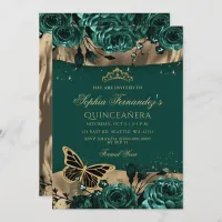 Emerald Green Gold Floral Butterfly Quincea&#241;era  Invitation