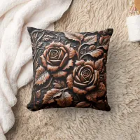 Intricate Leather Roses on Dark Background Throw Pillow