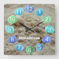 Sea Glass and Seashells on Beach Sand Personalized Square Wall Clock