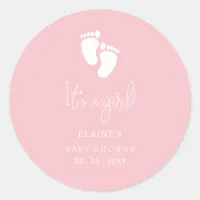 Its a Girl Baby Footprint Cute Pink Baby Shower Classic Round Sticker