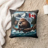 Canadian Beaver by Lake With Mountains and Flag Throw Pillow