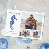 Beach Christmas Navy Blue Seahorse 3 Photo  Holiday Card